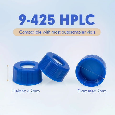 Premium Quality 100 Pack Blue 9 Mm Screw Thread HPLC Vial Caps Featuring Pre Slit PTFE Lined Septa That Pierces Like A Dream For Smooth Autosampler Action And Total Zero Hassle Lab Prep - Blue 9mm screw caps with 6.2mm height.