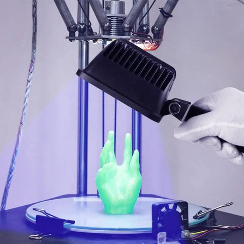 Gloved hand using Portable UV Glue Curing Lamp 365Nm 300W AC 90 240V With 15 LED Beads Plug In UV Light on green model