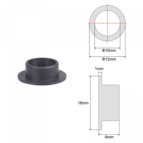 Flanged Sleeve Bearing Set 10mm Bore, 12mm OD, 6mm Length, 18mm Flange Diameter, 1mm Flange Thickness, POM Self Lubricating No Oil Needed Bushings Black, 4 Pack, Low Friction, High Load Capacity, Durable, dimension diagram