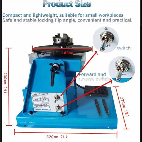 Top Shelf Heavy Duty Welding Positioner With Slick 360 Degrees Rotary Turntable And Variable Control 0 To 90 Degree Tilt Plus Foot Pedal And Chuck For Pro Pipe And Welding, compact and durable design, dimensions shown.