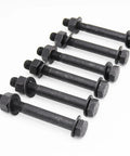 Leaf Spring Eye Bolt Kit Grade 8 Hardened Steel With 6 Bolts 6 Lock Nuts And 12 Washers For Chevy GMC Ford Dodge Nine Sixteenths Inch Diameter And Four And A Half Inch Length Fits Full Size Pickups And Restores Alignment image showing six black oxide bolts with washers and nuts on a white background.