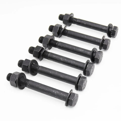 Leaf Spring Eye Bolt Kit Grade 8 Hardened Steel With 6 Bolts 6 Lock Nuts And 12 Washers For Chevy GMC Ford Dodge Nine Sixteenths Inch Diameter And Four And A Half Inch Length Fits Full Size Pickups And Restores Alignment image showing six black oxide bolts with washers and nuts on a white background.