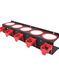Heavy Duty Wall Mounted Spray Bottle Rack with 5 Plastic Hanging Hooks, steel frame, red details, for garage organization