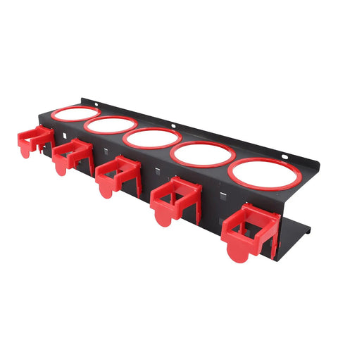 Heavy Duty Wall Mounted Spray Bottle Rack with 5 Plastic Hanging Hooks, steel frame, red details, for garage organization
