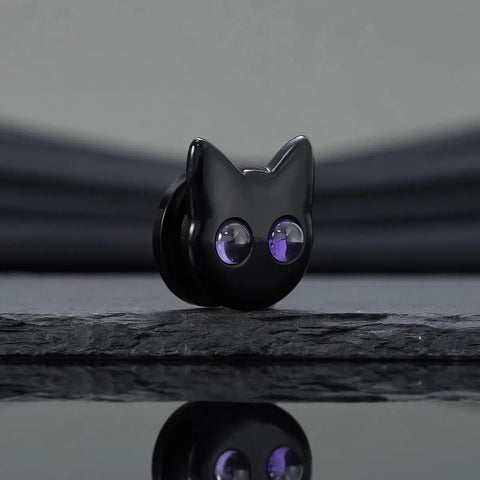 Black Cat Ear Gauges 5/8 Inch Stainless Steel Ear Tunnels With Dope Cartoon Cat Design And Purple Eyes For Standout Piercings