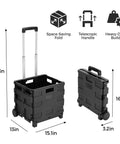 Heavy-Duty Rolling Utility Cart With Collapsible Crate, 60Lb Capacity, Two Oversized All-Terrain Wheels, foldable dimensions shown