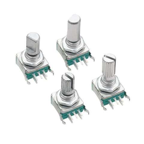 Right Angle EC11 360 Degree Rotary Encoder With Switch And Digital Potentiometer For Audio Control Pro Grade Dope 15mm And 20mm Options 5PIN Button Encoding Knob Full Axis 20mm Pack Of Three, showing four encoders with varied knobs.