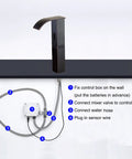 Installation guide for Touchless Matte Black Bathroom Sink Faucet With Sensor Hands Free Waterfall Flow Temperature Mixer Control Box Included Vanity Faucet For Modern Hygiene, showing faucet and control box connections.