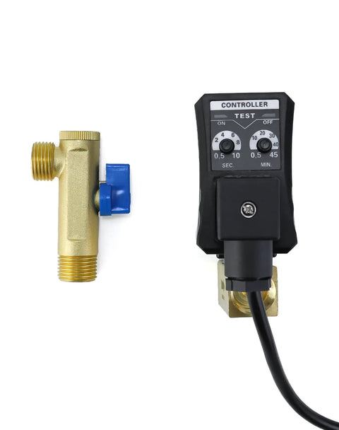 Automatic Timed Condensate Drain Valve Set Of Four One Half Inch AC 110V with controller, brass body, and adjustable timing.