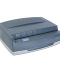 Electric Three Hole Punch, 50 Sheet Capacity, Jam Free Reverse Switch, Push Button Control in smart gray with ergonomic design.