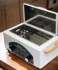Beast Mode High Temperature Dry Heat Sterilizer Autoclave 110V 300W 1.5L Metal Tools Only Disinfection Box With Magnetic Induction Switch 50 to 220 Degree C Ideal for Small Cosmetology Tools and Dental Instruments, white countertop unit open