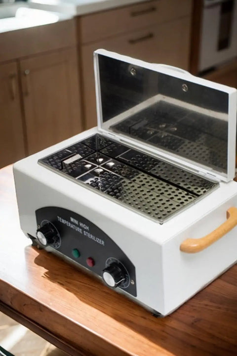 Beast Mode High Temperature Dry Heat Sterilizer Autoclave 110V 300W 1.5L Metal Tools Only Disinfection Box With Magnetic Induction Switch 50 to 220 Degree C Ideal for Small Cosmetology Tools and Dental Instruments, white countertop unit open