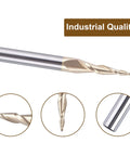 Side view of SpeTool 1/4 in shank tapered ball nose end mill with 1/64 in radius, ZrN coated
Close-up of tapered ball nose tip showing 1/64 in radius on SpeTool end mill
Close-up of spiral cutting flutes on SpeTool end mill
Close-up of 1/4 in shank on SpeTool end mill