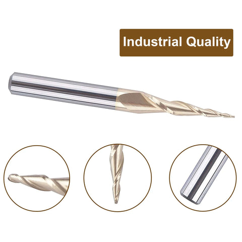 Side view of SpeTool 1/4 in shank tapered ball nose end mill with 1/64 in radius, ZrN coated
Close-up of tapered ball nose tip showing 1/64 in radius on SpeTool end mill
Close-up of spiral cutting flutes on SpeTool end mill
Close-up of 1/4 in shank on SpeTool end mill