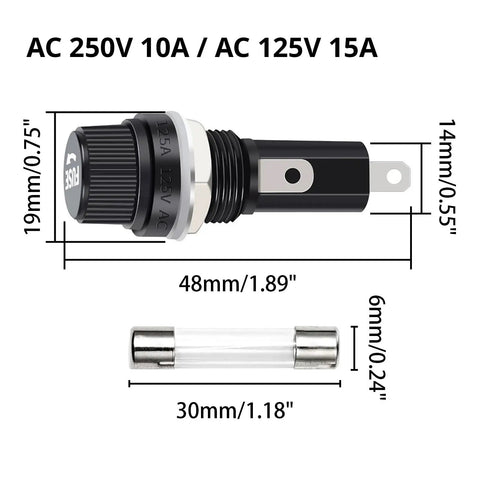4 Pcs 6x30mm Fuse Holders For Panel And Chassis Mount Glass Fuse Sockets With Fast Blow 15A Fuse Kit dimensions and details