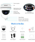 Outdoor PTZ POE Cam 5MP Dome With 5X Optical Zoom, shown with accessories and features like IR LEDs, mic, and reset button.