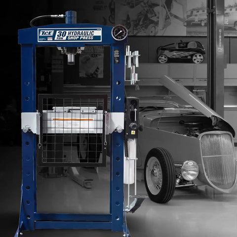 Supercharged Steel H Frame Pneumatic Air Hydraulic Garage Shop Press Slams Through Tough Metals With Foot And Hand Pump Pedal 30 Ton 60000 Lb Capacity Adjustable Base For Shop Daily Grind in garage