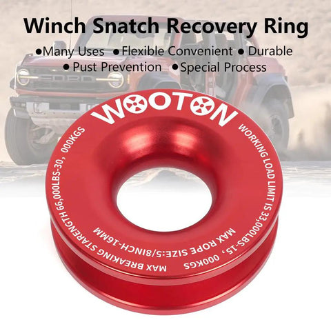 Beefy Winch Snatch Recovery Ring 66000 Lb Aluminum Pulley For Soft Shackle Compatibility Fits Quarter Inch Three Eighths Inch Three Sixteenths Inch Soft Shackles One Half Inch Seven Sixteenths Inch Ropes Off Road Vehicle Recovery, red aluminum ring on truck