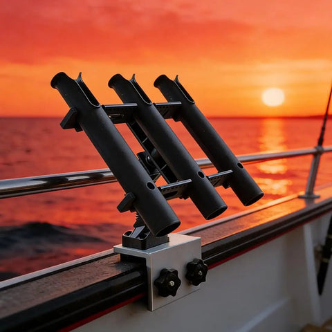 3 Pole Fishing Rod Holder With Aluminum 90 Degree Track Bracket Base, 360 Degree Rotating Deck Or Side Mount For Versatrack And Ranger Track Systems, Heavy Duty Boat Track Bracket on boat rail