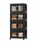 Heavy Duty Fold Flat Storage Bins With Slick Dual Front Door Access And Secure Lids Built Different Stackable Plastic Organizer Totes For Your Garage Office Pantry Or Home Gear Setup 4 Pack Black Nine Gallon Capacity Each, showcasing four stacked bins with transparent doors.