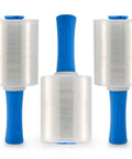 3 Pack Clear Heavy Duty Stretch Wrap Film Rolls With Handles 100 Gauge 5 X 1000 Ft Thick Industrial Plastic Cling Pallet Wrap Built Tough For Moving Shipping And Storage Easy Grip Pro Grade with blue grips.