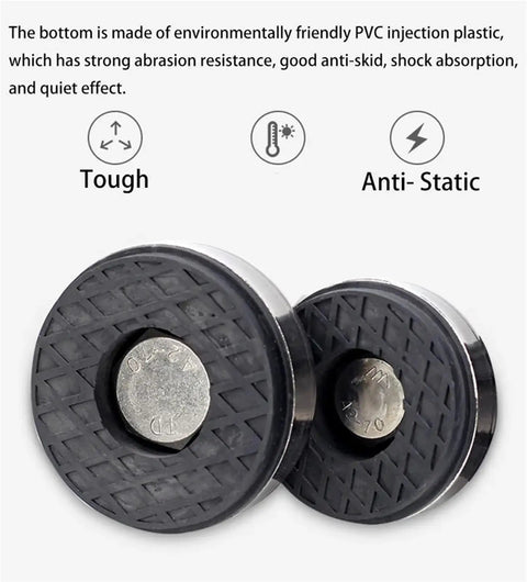 Heavy Duty Stainless Steel Adjustable Leveling Feet With Swivel Base For All Furniture To Squash Those Dang Wobbles And Keep Your Setup Locked Down Smooth, showcasing durable plastic bottom and swivel design.