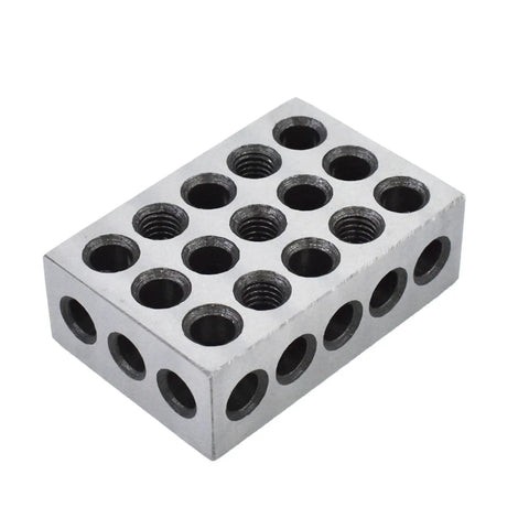 1-2-3 Block Set Built Tough For Milling, 5 Matched Pairs With 23 Holes, Pro Grade 0.0002 Inch Per Inch Precision, 1 X 2 X 3 Inch Hardened Tool Steel Jigs For Milling Machines shown with drilled and threaded holes