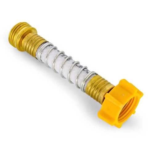 Slick Inline Water Filter With Durable Hose Shield Engineered For Dope Hydroponics Grow Sets And Legit Backyard Gardens Catalytic Carbon and KDF Media with clear housing and yellow connector.