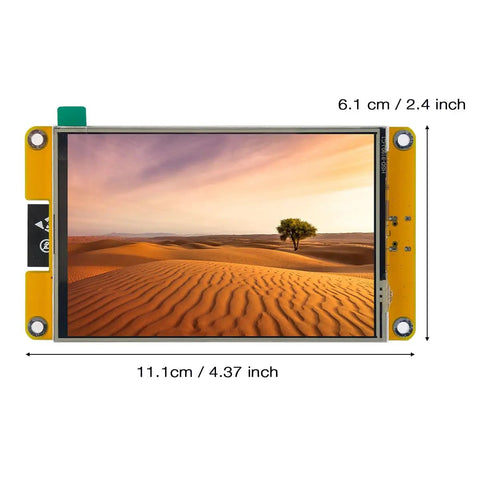 4.0 Inch Touch Screen Module With ESP32-32E Core, 320x480 TFT LCD Display showing desert landscape, dimensions noted