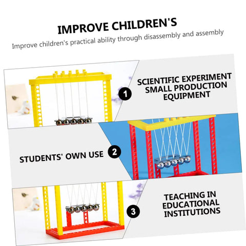 Newton Cradle Balance Balls Kit for DIY Physics Experiments with colorful frames showcasing educational uses.