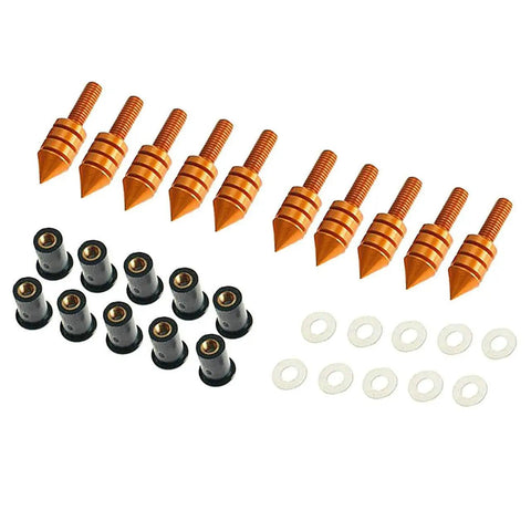 Orange 5mm M5 Universal Motorcycle Windshield Bolts And Fairing Screws Kit With Anti Vibration Washers Rubber Well Nuts Ten Aluminum Screws For OEM And Aftermarket Windshield Fairings And License Plate Mounting shown in set