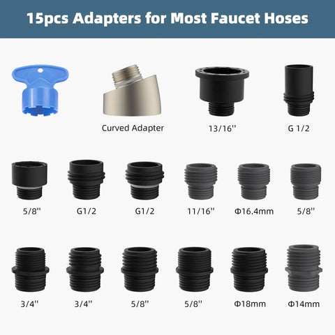 Universal Replacement Kitchen Faucet Head With 15 Adapters for various hose sizes in black and silver shown in grid layout.
