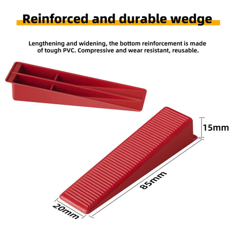 Red reusable wedge from Pro Tile Leveling System Kit With One Thousand Spacer Clips And Three Hundred Reusable Wedges For Ceramic Tile And Stone Installations One Eighth Inch Easy To Use Leveling Tool Set For DIYers And Pros, showing dimensions.