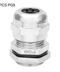 Close-up view of Five Pack PG9 Metal Waterproof Cable Glands For 4 To 8mm Diameter With Nickel Plated Copper Rubber Seal And Hex Nut M7x1 Rugged Industrial Grade Cable Gland Connector Built To Last.