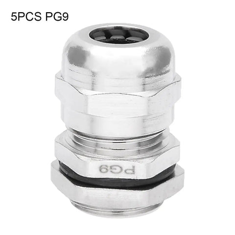 Close-up view of Five Pack PG9 Metal Waterproof Cable Glands For 4 To 8mm Diameter With Nickel Plated Copper Rubber Seal And Hex Nut M7x1 Rugged Industrial Grade Cable Gland Connector Built To Last.