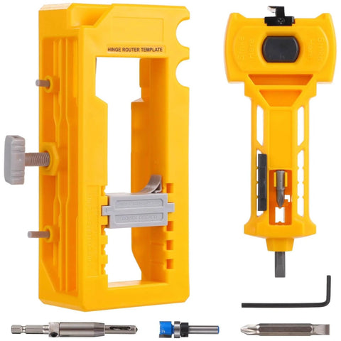 All-In-One Door Hinge And Mortise Jig Kit For Easy Lock Installation With Router Bits Self-Centering Bits And Included Screwdriver And Hex Key Adjustable Precision Template For 1/4 And 5/8 Inch Door Thicknesses