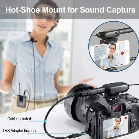 Wireless Lavalier Mic System with dual UHF lapel mics for iPhone and DSLR showing mounted setup for pro grade audio.