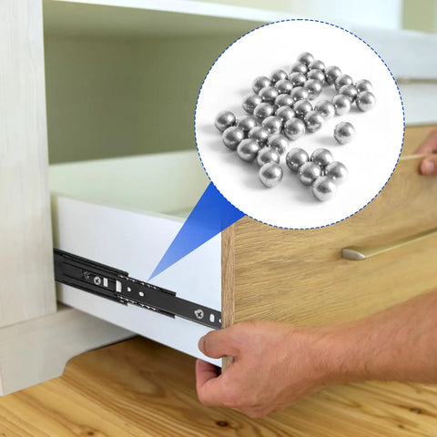 Eight Pairs Top Shelf Black Drawer Slides Full Extension Side Mount Ball Bearing Telescopic Slider Built Like A Tank Cabinet Hardware shown installed with visible ball bearings.