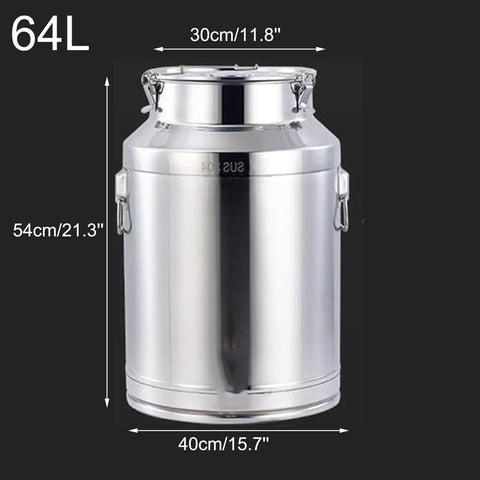 Cool Heavy Duty Storage Bucket With Secure Lids, 304 Stainless Steel Milk Can And Wine Pail Tote, Sealed Grain Container For Rice Coffee Beans Dog Food That Keeps Everything Fresh And Ready, 64L size.