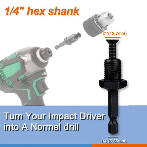 Beefy Keyed Drill Chuck Adapter Kit 1/2 Inch 20UNF With SDS Plus Shank shown converting impact driver to drill