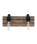 Farmhouse Style Rustic Wood And Oil Rubbed Metal Vanity Light Wall Sconce with adjustable sockets and glass shades against a white background.