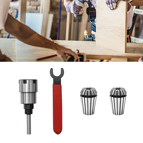 One Quarter To One Half Inch Router Bit Extension Collet Adapter With ER20 Spring Collet And ER20 M Type Nut Wrench displayed on table