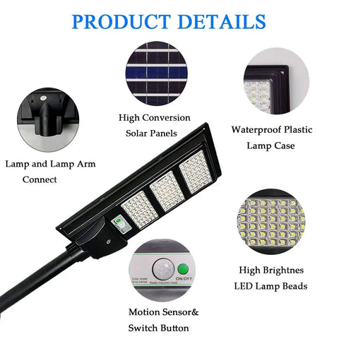 Diagram showing features of Dusk To Dawn Solar Street Light 50000LM With Motion Sensor Lit Outdoor LED Flood Light