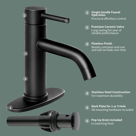 Brushed Nickel Stainless Steel Bathroom Faucet With Pop Up Drain Stopper And Deck Plate, Single Handle, Easy Install All In One 1 Or 3 Hole