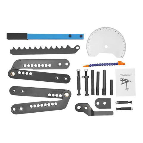 Heavy Duty Manual Pipe Bender With Precision Angle Gauge And Long Lever Handle For Smooth One Hundred Twenty Degree Bends No Sweat Tube Bending Tool For Pro Mechanics And Shop Crew accessory kit components including gauges and levers.