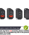 Four views of Jeep Wrangler Red TPU Flip Key Fob Cover for JL JLU Gladiator JT Sahara, shown without key fob, custom fit design.
