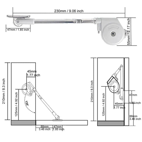 Diagram of 2Pack 105 Degree Soft Closing Pull Down Hinge Brackets For Downward Opening Lids And Cabinets Toy Box Hinges with dimensions