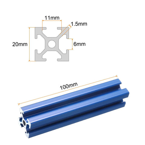Four Piece 100mm 4 Inch 2020 T Slot Aluminum Extrusion Profile Kit In European 20 Series Anodized Blue Linear Rail Frame For 3D Printers And CNC Machines Durable Aluminum Build showing 100mm blue profile and 20mm cross-section