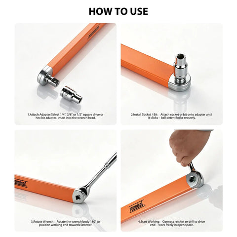 Offset Extension Wrench With Zero Degree Swing For Tight Spaces, 15.4 Inch Length, 53 Ft-Lb Torque, 3/8 Inch Drive Chain Driven Socket Extender, Includes 1/4 Inch, 3/8 Inch, And 1/2 Inch Adapters For Behind Block And Engine Bay Access, shown in 4 use steps
