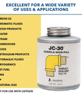 JC 30 Thread Sealant For Extreme Temps And High Pressure Pipes And Valves For Metal And PVC Sealing Gas Lines Water And Fuel Cryogenics With Brush Included Pint in yellow-labeled container